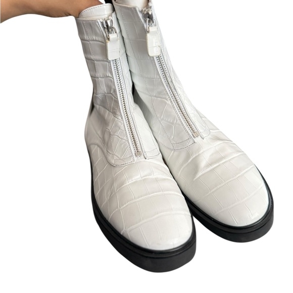 STUART WEITZMAN Lodge Zip Croc Embossed White Zipper Leather Boots - Picture 4 of 12